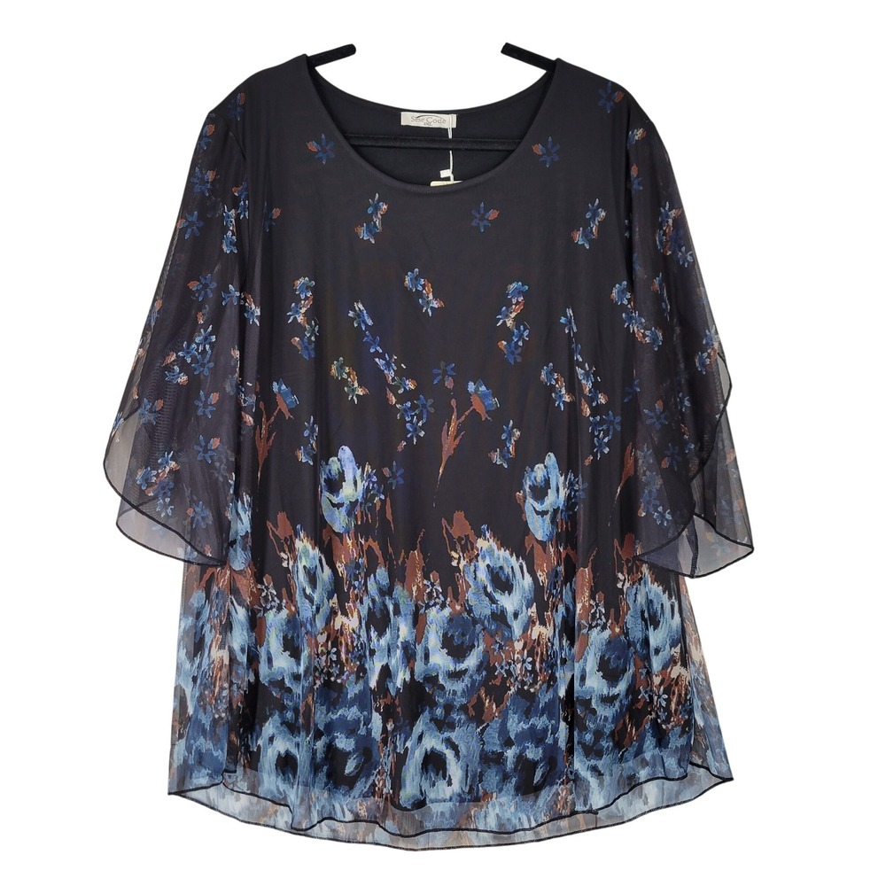 Sese Code Black Floral Mesh Overlay Blouse Women's 3XL‎ Semi Sheer Sleeves Fairy